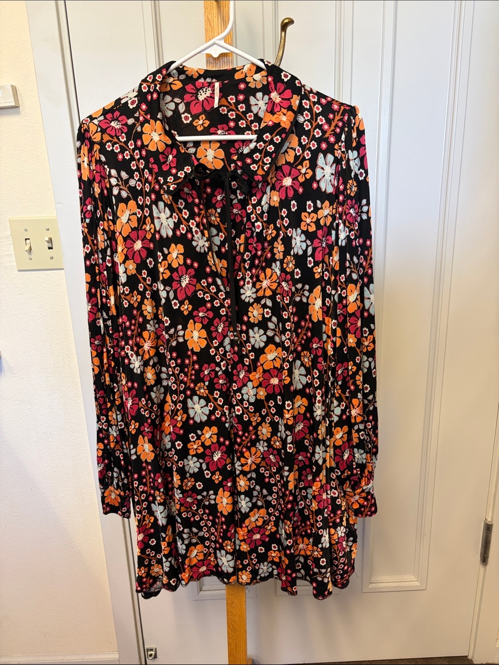 Free People Black Floral Long Sleeve Shirt Dress with Pink & Orange Blooms
